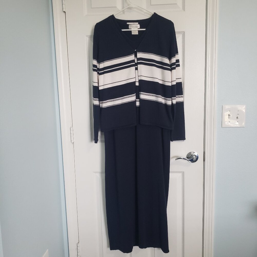 Vintage Pierre Cardin Knit Maxi Dress Cardigan Set Size M Navy Demure Coquette